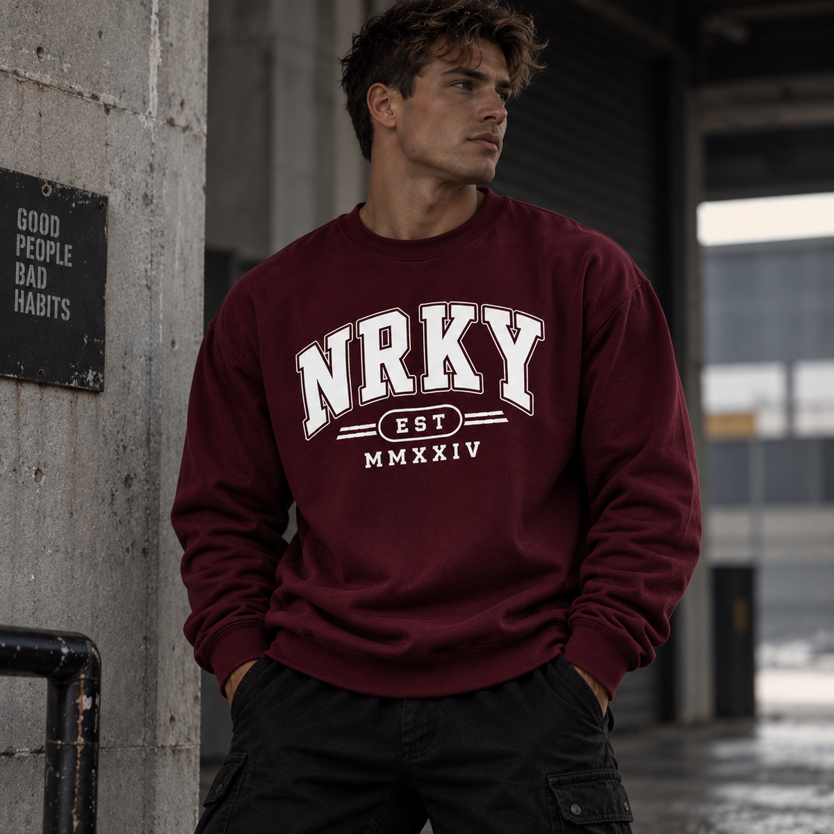 NRKY Chaos burgundy crew sweatshirt lifestyle image