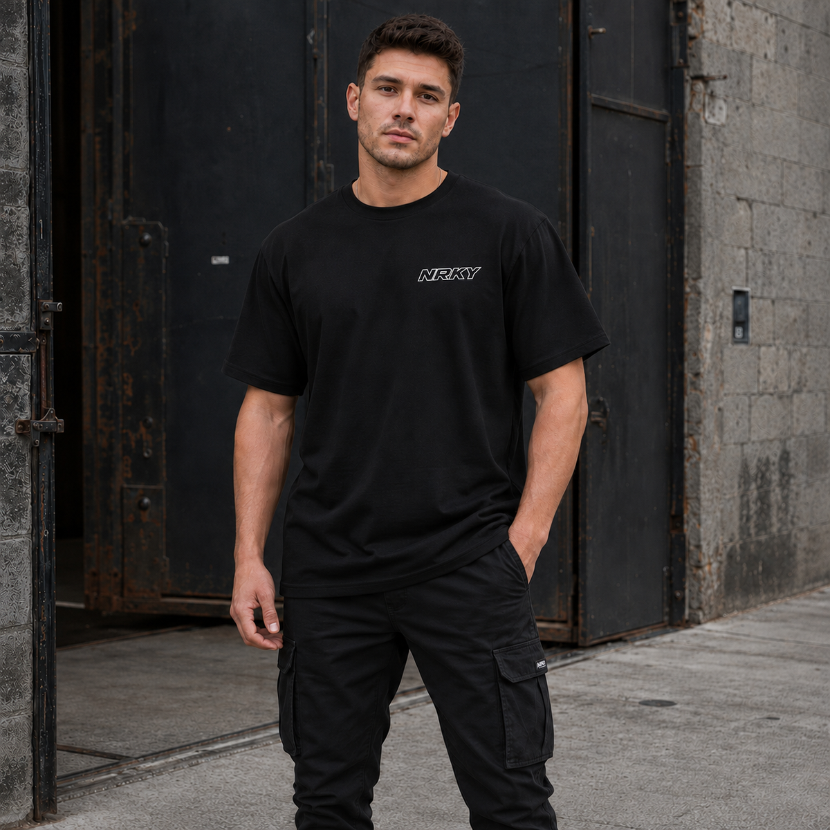 NRKY Men's Defiance Tee blue on black back