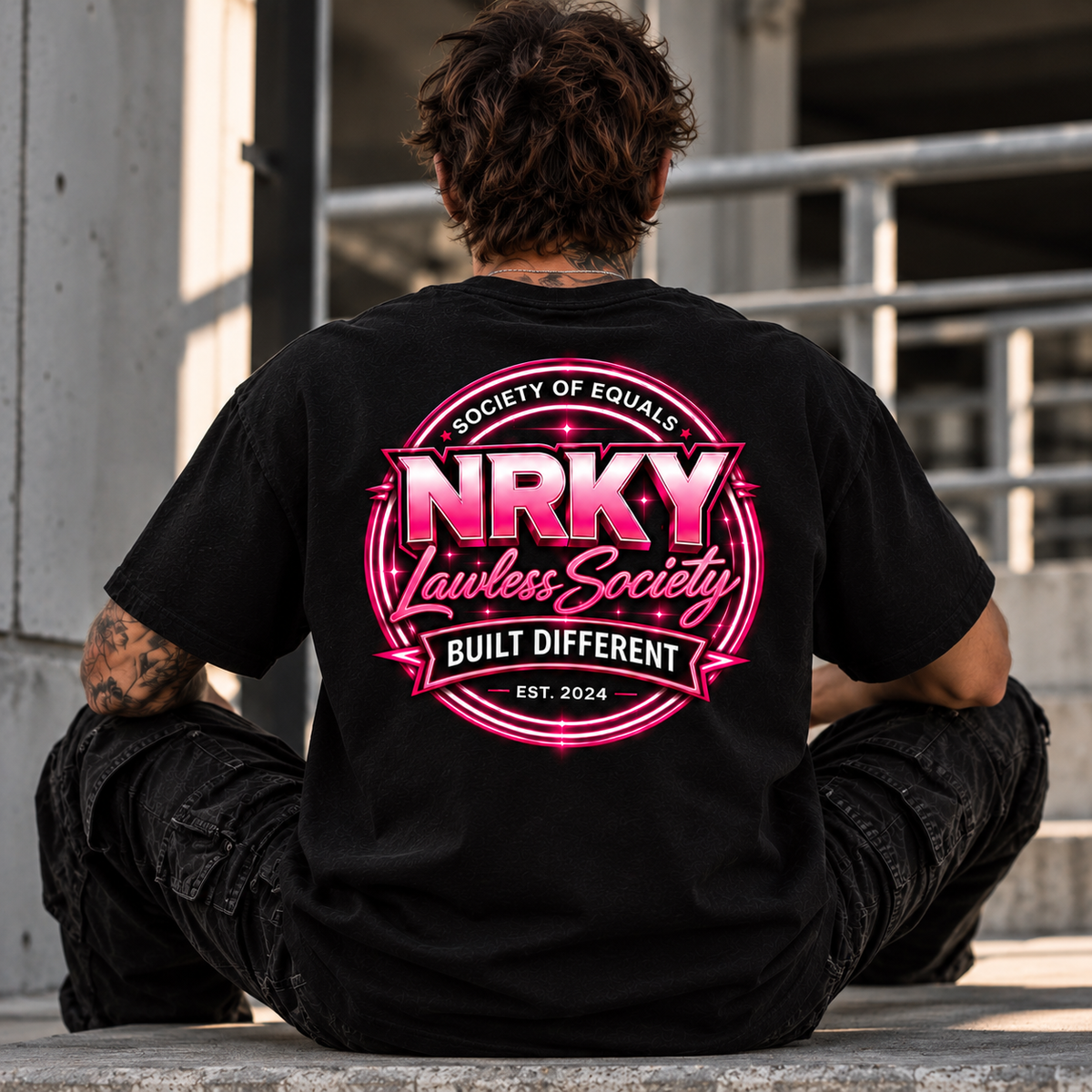 Men's Sinister Pink tee, seated rear view with hot pink NRKY Lawless Society graphic