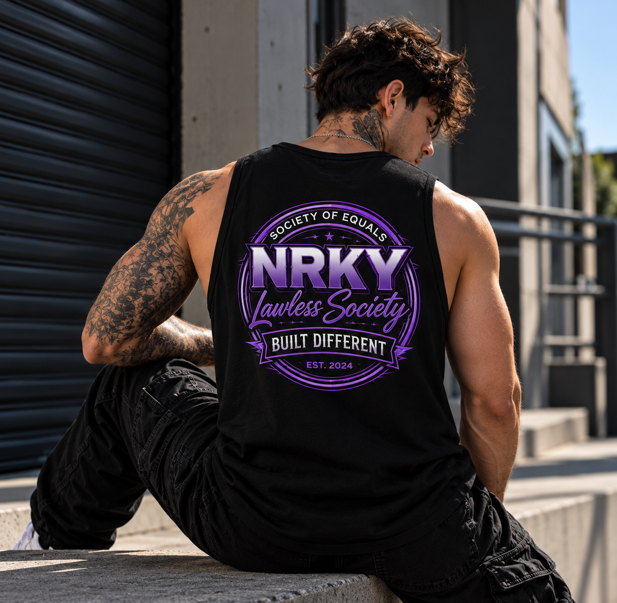 Men's Sinister purple on black tank, seated industrial lifestyle image