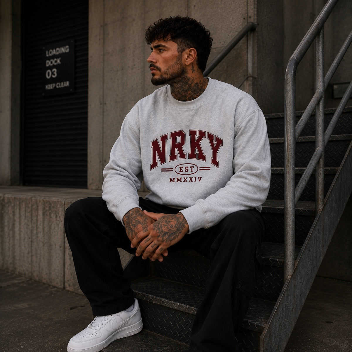 NRKY Chaos grey crew sweatshirt lifestyle image