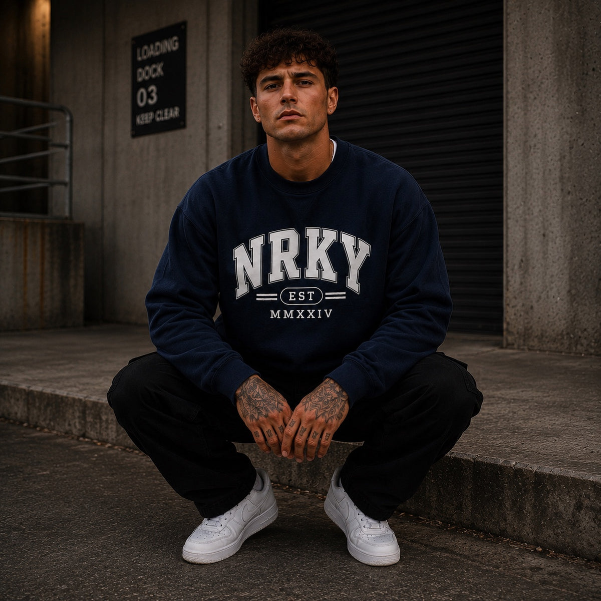 NRKY Chaos navy crew sweatshirt lifestyle image