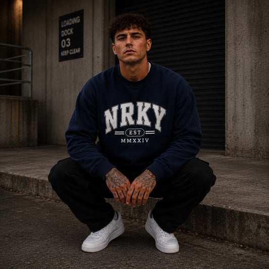 NRKY Chaos navy crew sweatshirt lifestyle image