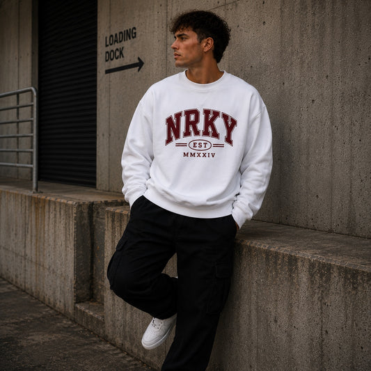 NRKY Chaos white crew sweatshirt lifestyle image