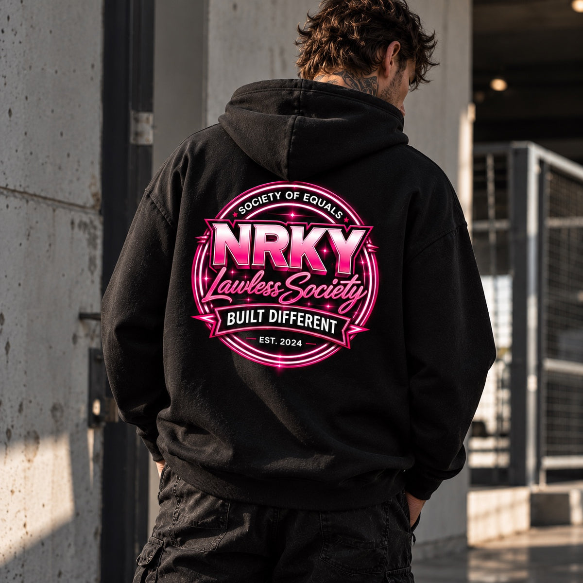 Men's black Sinister Pink hoodie with hot pink NRKY Lawless Society back print
