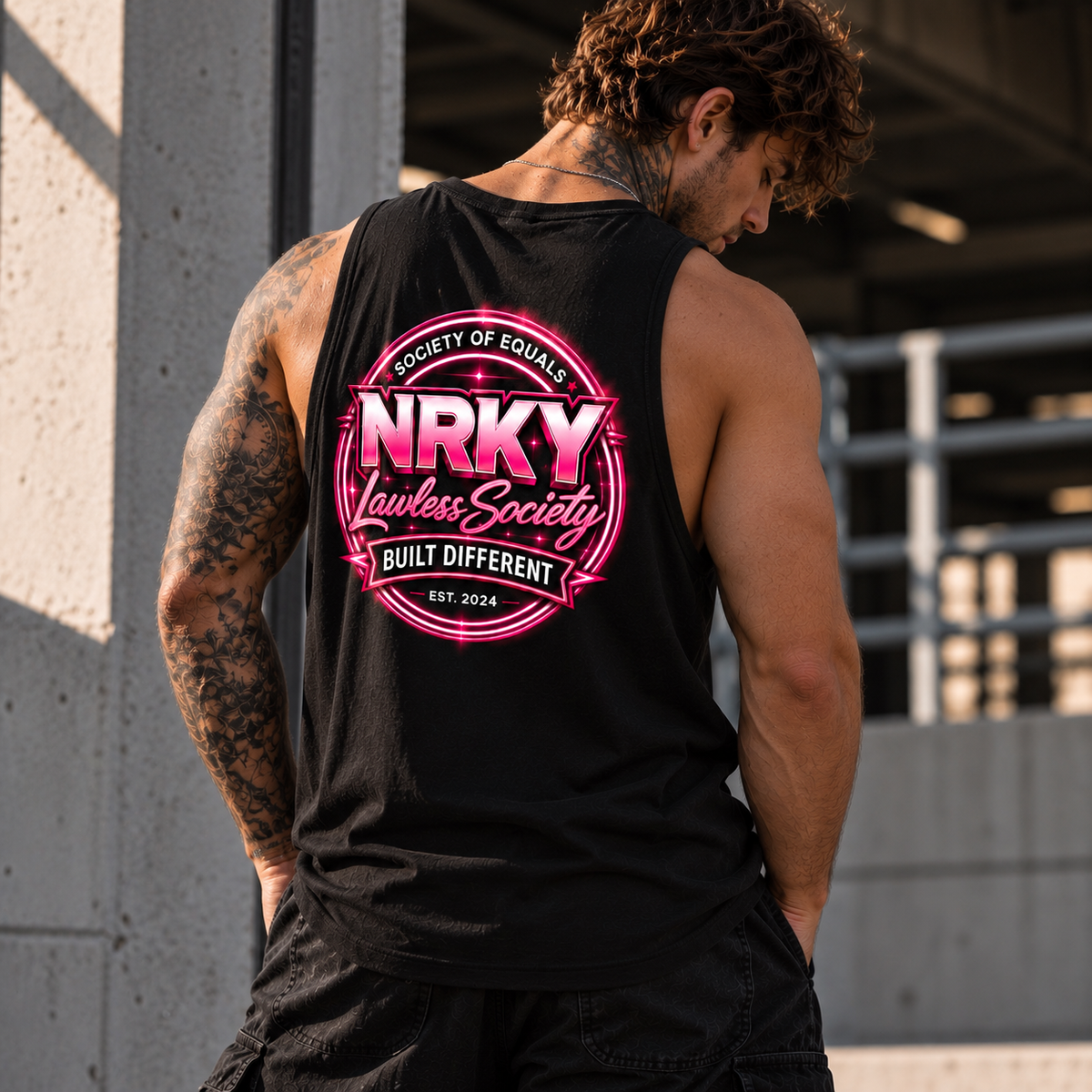 Men's black Sinister Pink tank with hot-pink NRKY Lawless Society back print
