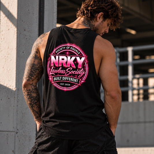 Men's black Sinister Pink tank with hot-pink NRKY Lawless Society back print