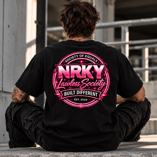 Men's Sinister Pink tee, seated rear view with hot pink NRKY Lawless Society graphic