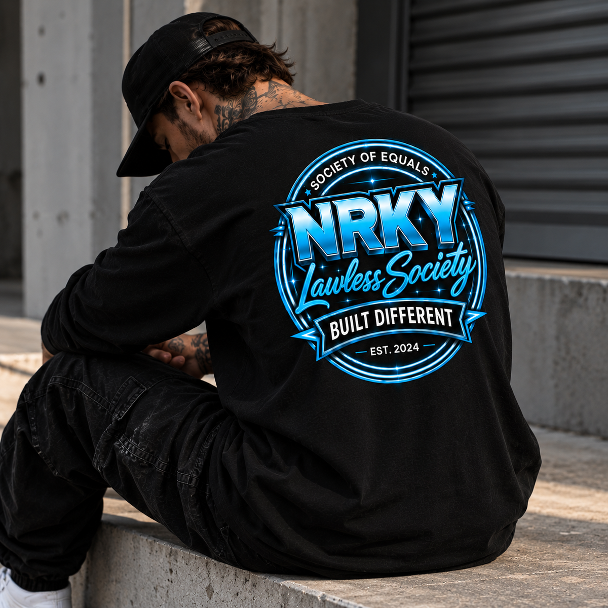 NRKY Sinister Blue men's long sleeve on model, back graphic