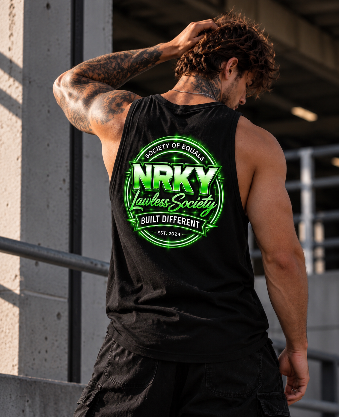 Men's NRKY Sinister green on black tank, back view