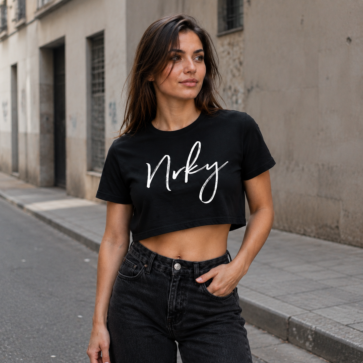 NRKY Women's Disobey Cropped Tee white on black alternate view 2