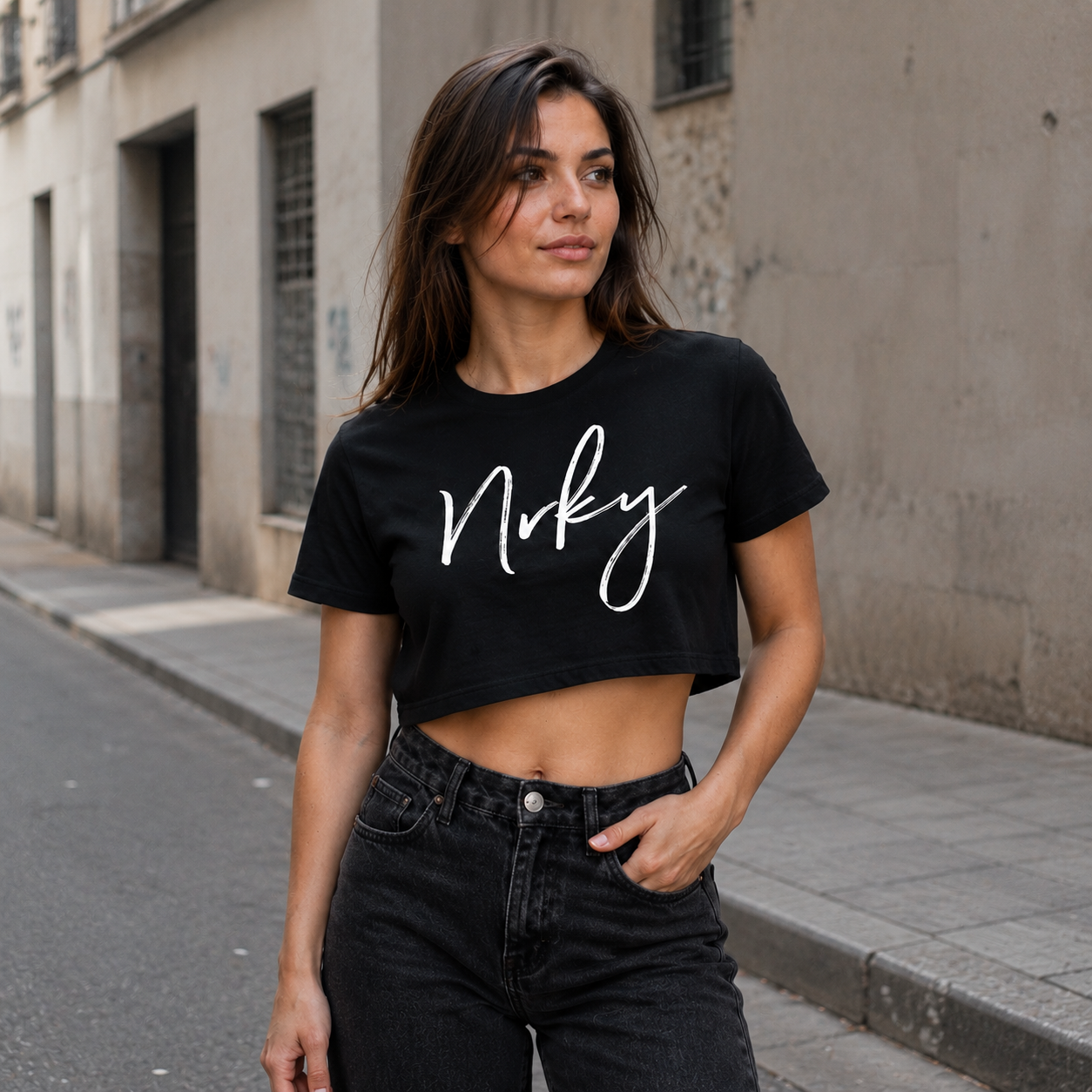 NRKY Women's Disobey Cropped Tee white on black alternate view 2